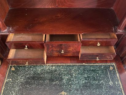 null SECRETARY in mahogany veneer, the posts with detached columns with gilt bronze...