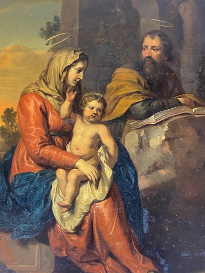  Gerard HOET (1648 - 1733) Sainte Famille dans un paysage. Panneau de chêne, une...