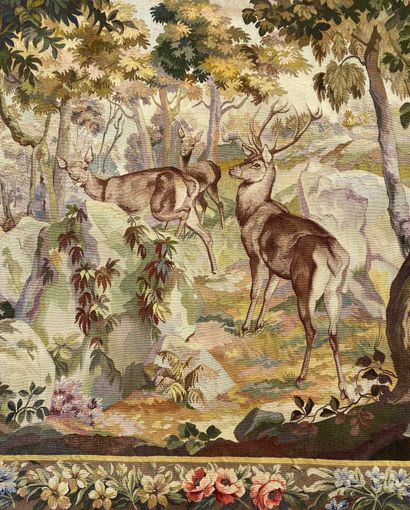 null AUBUSSON Tapestry in polychrome wool decorated with deer in an undergrowth....
