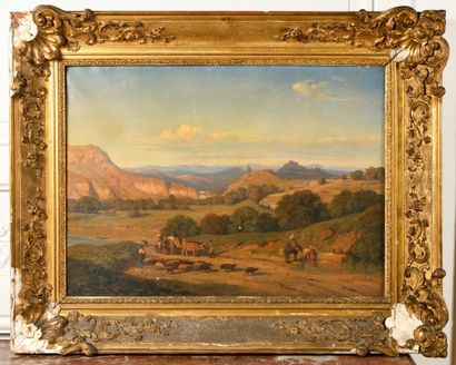  Pierre THULLIER (1799-1858) Paysage de campagne animé aux bergers. Huile sur toile,...
