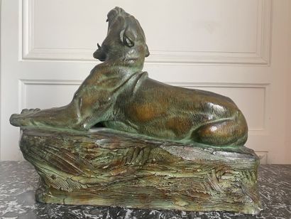 null Louis RICHE (1877-1949) The awakening of the lioness. Important bronze with...