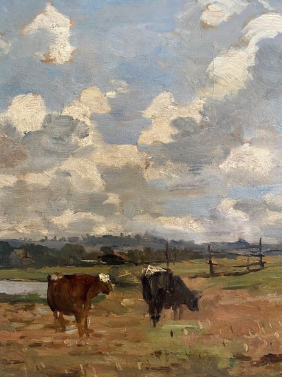 null 
Eugène BOUDIN (1824-1898) in the style of

Cows in the pastures Oil on panel...