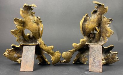  PIARE DE FEUX DE CHEMINEE en bronze doré et patiné à décor de chérubins sur des...