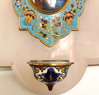 null Cloisonné and polychrome bronze BENITIER decorated with a miniature on porcelain...