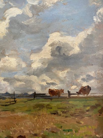 null 
Eugène BOUDIN (1824-1898) in the style of

Cows in the pastures Oil on panel...