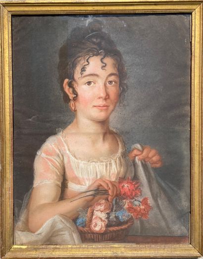 null ECOLE FRANCAISE vers 1820 Portrait de jeune fille au bouquet de fleurs Pastel...