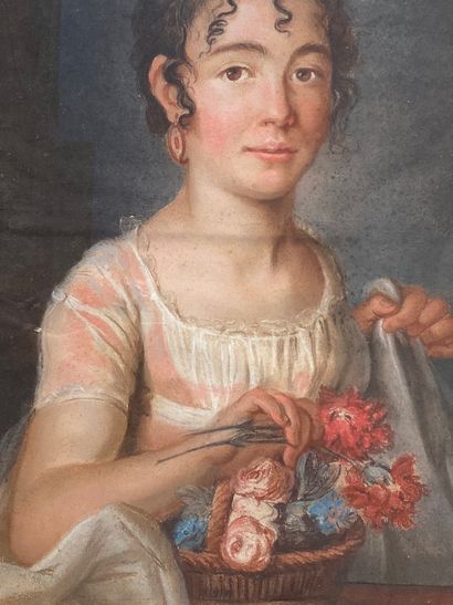  ECOLE FRANCAISE vers 1820 Portrait de jeune fille au bouquet de fleurs Pastel 57...