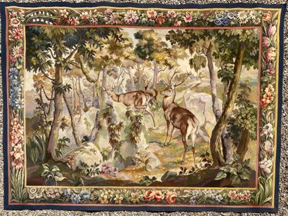 null AUBUSSON Tapestry in polychrome wool decorated with deer in an undergrowth....