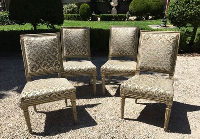 FOUR square-backed chairs in grey relacquered...