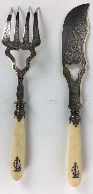 null PART OF SILVER HOUSEKEEPING, the handles in engraved ivory with initials, including...