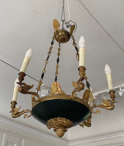 null Antique style chandelier in gilt bronze and patinated with six arms of lights...