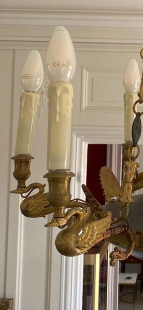 null Antique style chandelier in gilt bronze and patinated with six arms of lights...