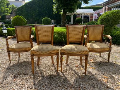 null PAIR OF ARMCHAIRS and PAIR OF CHAIRS in natural wood with reversed backs and...