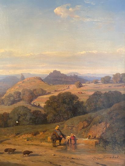 null Pierre THULLIER (1799-1858) Paysage de campagne animé aux bergers. Huile sur...