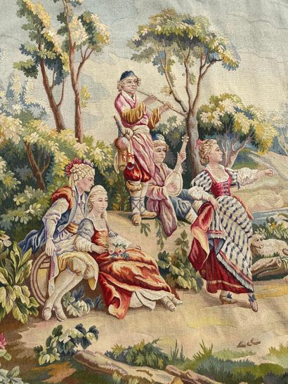 null AUBUSSON Tapestry in polychrome wool decorated with a dance scene in an undergrowth....