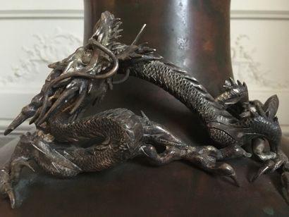 null JAPON Vase en bronze patiné à décor appliqué de dragon XIXe siècle, Fin Période...