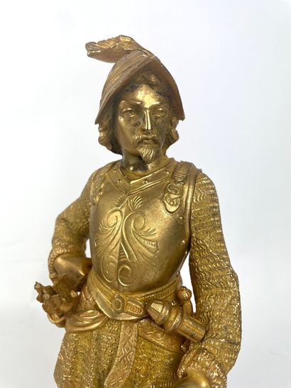 null ECOLE FRANCAISE du XIXe siècle Hommes en armure Paire de bronzes dorés sur socle...