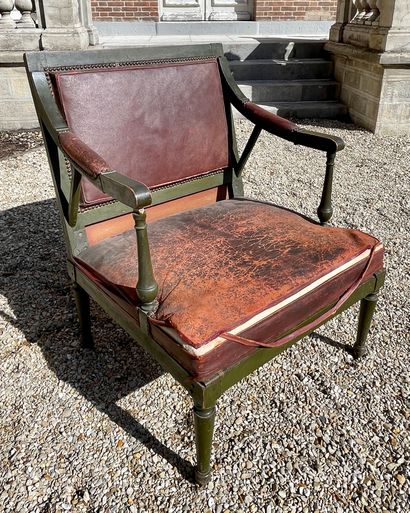null RARE TRANSFORMABLE ARMCHAIR in green relacquered wood with a square back, the...