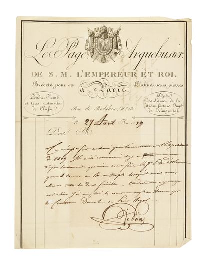 null ASTONISHING LEPAGE INVOICE OF THE FIRST EMPIRE PERIOD USED UNDER THE JULY MONARCHY....