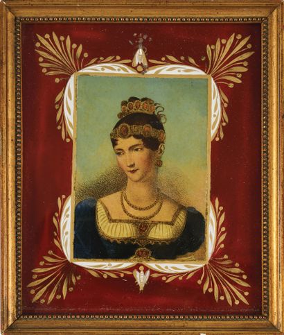  "Pauline Bonaparte" watercolor engraving fixed under glass, with red and gold frame,...