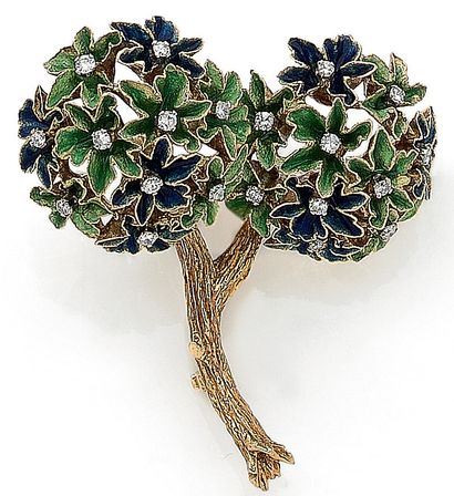 null A branch design with blue and green enamel and brilliant-cut diamonds. Textured...
