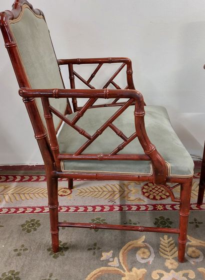 null PAIR OF ARMCHAIRS 

red lacquered bamboo style, openwork armrests, green velvet...