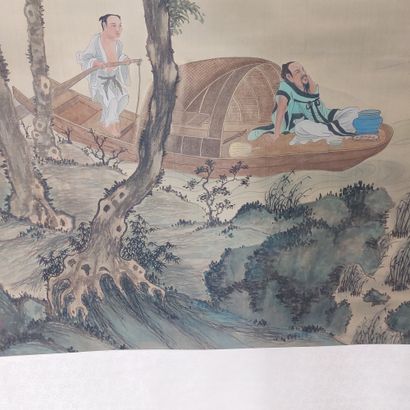 null CHINE 

Rouleau peint sur soie à décor de deux personnages sur une embarcation

Signé...
