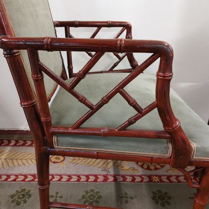 null PAIR OF ARMCHAIRS 

red lacquered bamboo style, openwork armrests, green velvet...