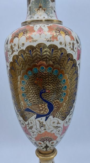 null PAIR OF LARGE VASES in cloisonné enamel decorated with peacocks and floral motifs....