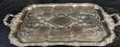 null Rectangular silver-plated metal PLATEAU decorated with flowers, squares and...