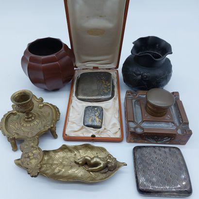 Lot including a glass inkwell with copper...