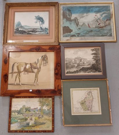 null SET OF 6 FRAMED PIECES

engravings, map of Ardeche, watercolors, optical view...