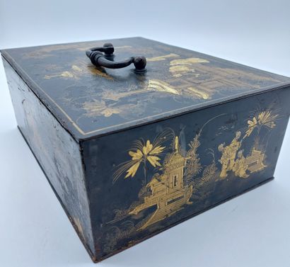 null Black metal box with Chinese gilded decoration of characters and pagodas

23...