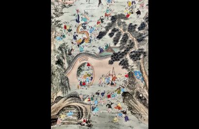 null CHINA Painted scroll on silk decorated with children's games in a landscape...