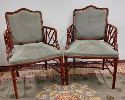 PAIR OF ARMCHAIRS 
red lacquered bamboo style,...