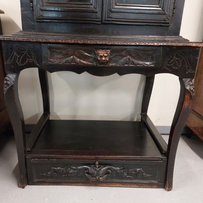 null SMALL CABINET in blackened wood carved with two characters on each door, partly...