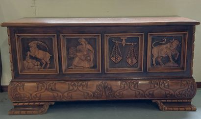 null CHEST in natural wood carved with a goat, a scale, a bull and a woman with a...