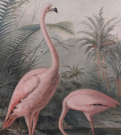 null PAIR OF PAINTINGS ON CANVAS, representing pink flamingos and egrets, 

signed...