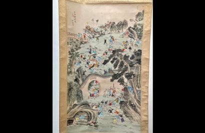 null CHINA Painted scroll on silk decorated with children's games in a landscape...