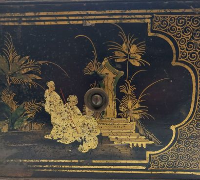 null Black metal box with Chinese gilded decoration of characters and pagodas

23...