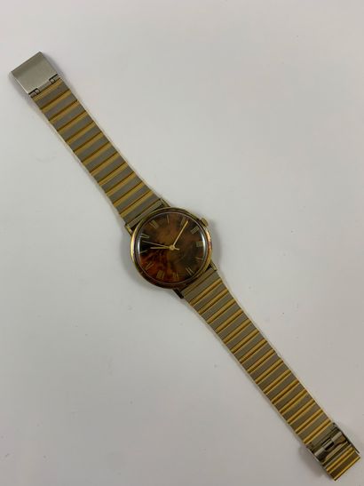 null ENICAR Gold-plated wristwatch. Marbled brown dial signed. Painted Roman numeral...