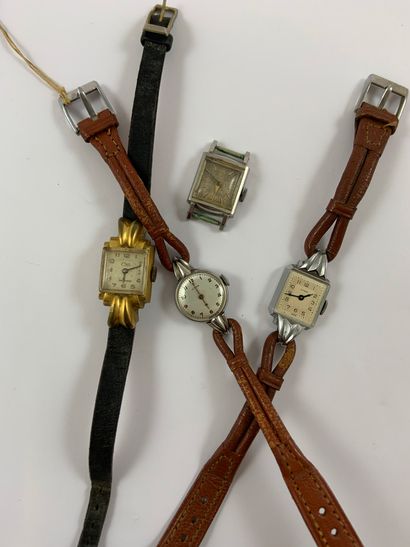 null LOT OF 4 LADY'S WATCHES 1/OMEGA About 1950. Steel watch, grey dial, golden baton...