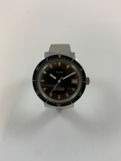 null KELTON About 1980. Stainless steel diver's wristwatch, signed black dial, baton...
