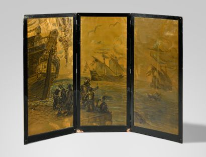 null ART DECO WORK Three-leafed screen decorated with Renaissance galleons on a gold...