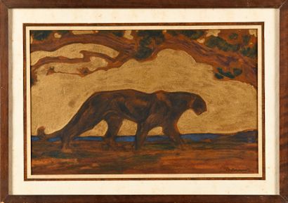 null HENRI DELUERMOZ (1876-1943) Panther walking in profile Oil, sepia ink and gold...