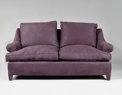  MODEL OF THE 1940's Pair of sofas with ears reupholstered with purple fabric decorated...