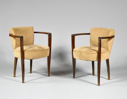 null WORK OF THE 1940's Pair of small armchairs with circular seats, the front legs...