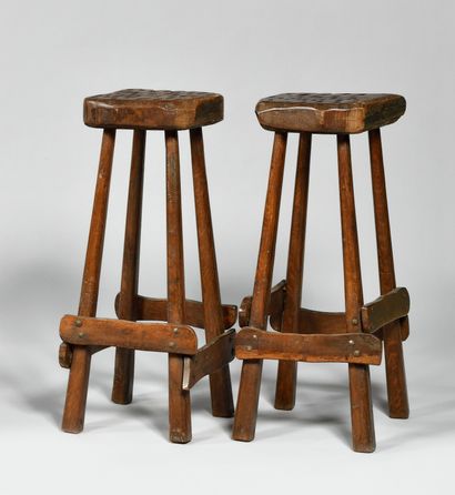 null BRUTALIST WORK OF THE 1960's Pair of high bar stools with irregular seats on...