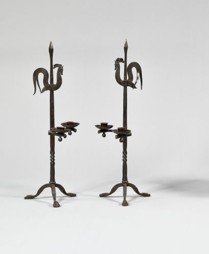 null WORK OF THE 1960's Pair of tripod candelabras in wrought iron with two wicks...