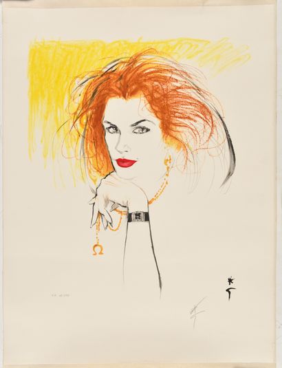 null RENÉ GRUAU (1909-2004) Cindy Crawford for Omega Lithograph in colors Perfect...
